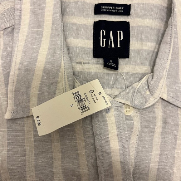 NWT Gap 100% Linen Cropped Shirt in Light Blue and White Stripe - Size Small - Picture 9 of 11
